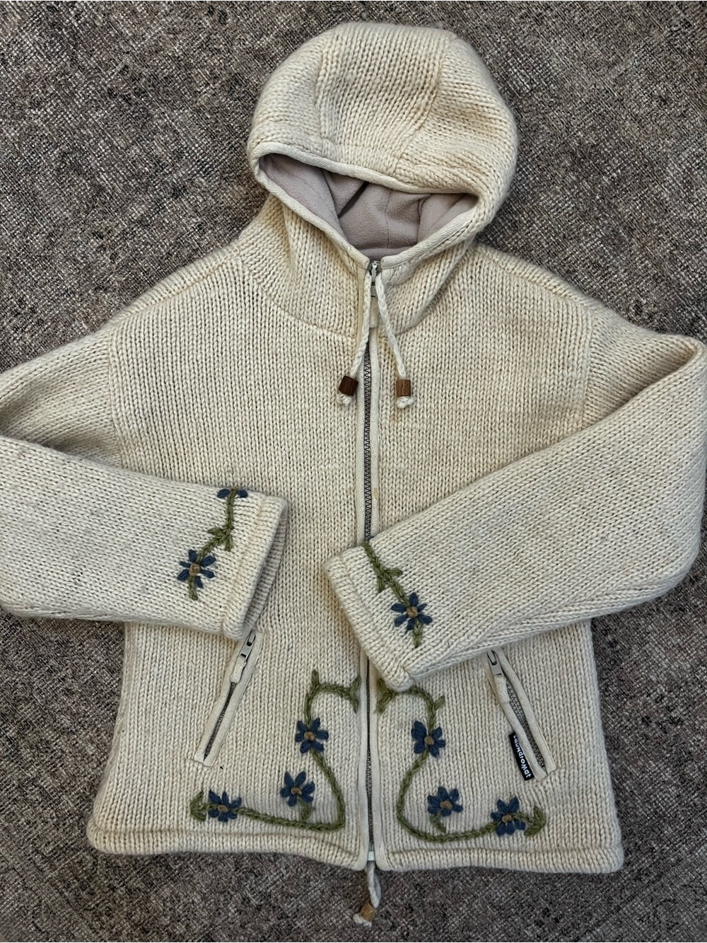 Laundromat Cream Hooded Zip Sweater Knit Wool Blue Floral Embroidery S